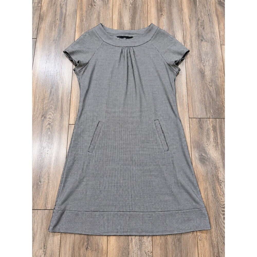 H&M Womens Size 12 Black White Micro Check Shift Dress Short Sleeve Pockets